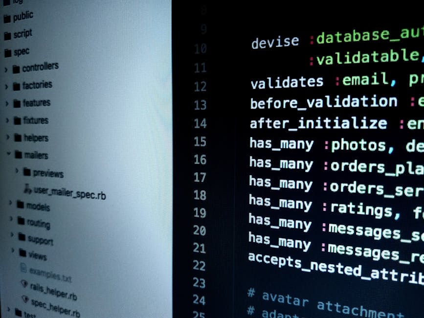The image shows a computer screen displaying a code editor with a dark background and colorful syntax highlighting. On the left side, a file directory tree is visible, containing folders such as 'publ